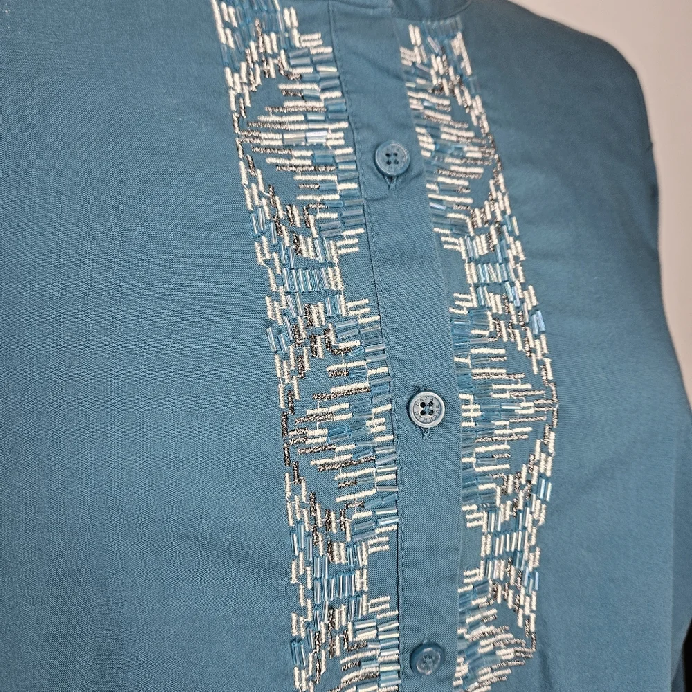 Dana Buchman Sze 2X Shirt Button Down 100% Cotton Beaded Mandarin Teal Turquoise